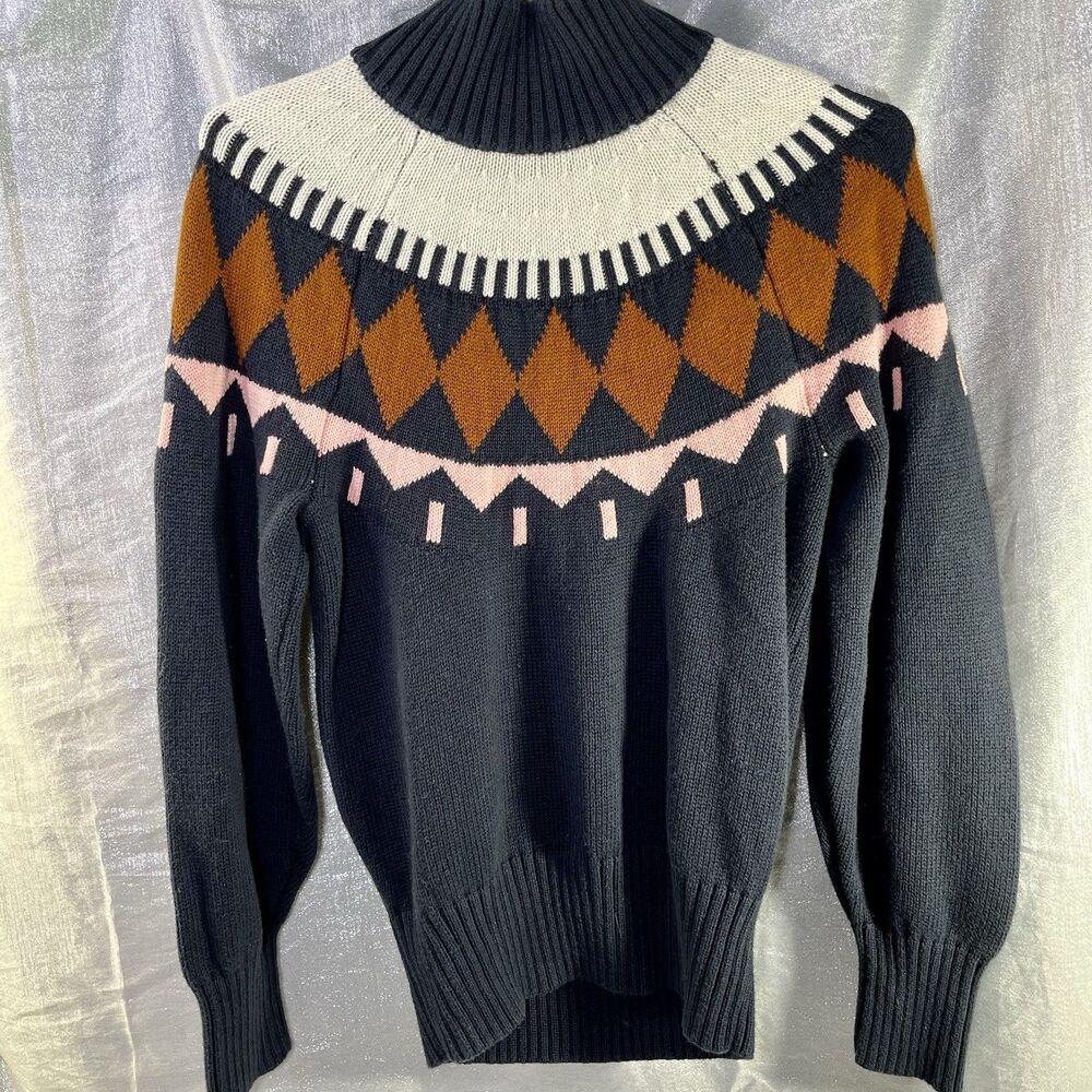 FREE ASSEMBLY COTTON/WOOL Blend Sweater Fair Isle Mock Neck Navy Blue Size Small